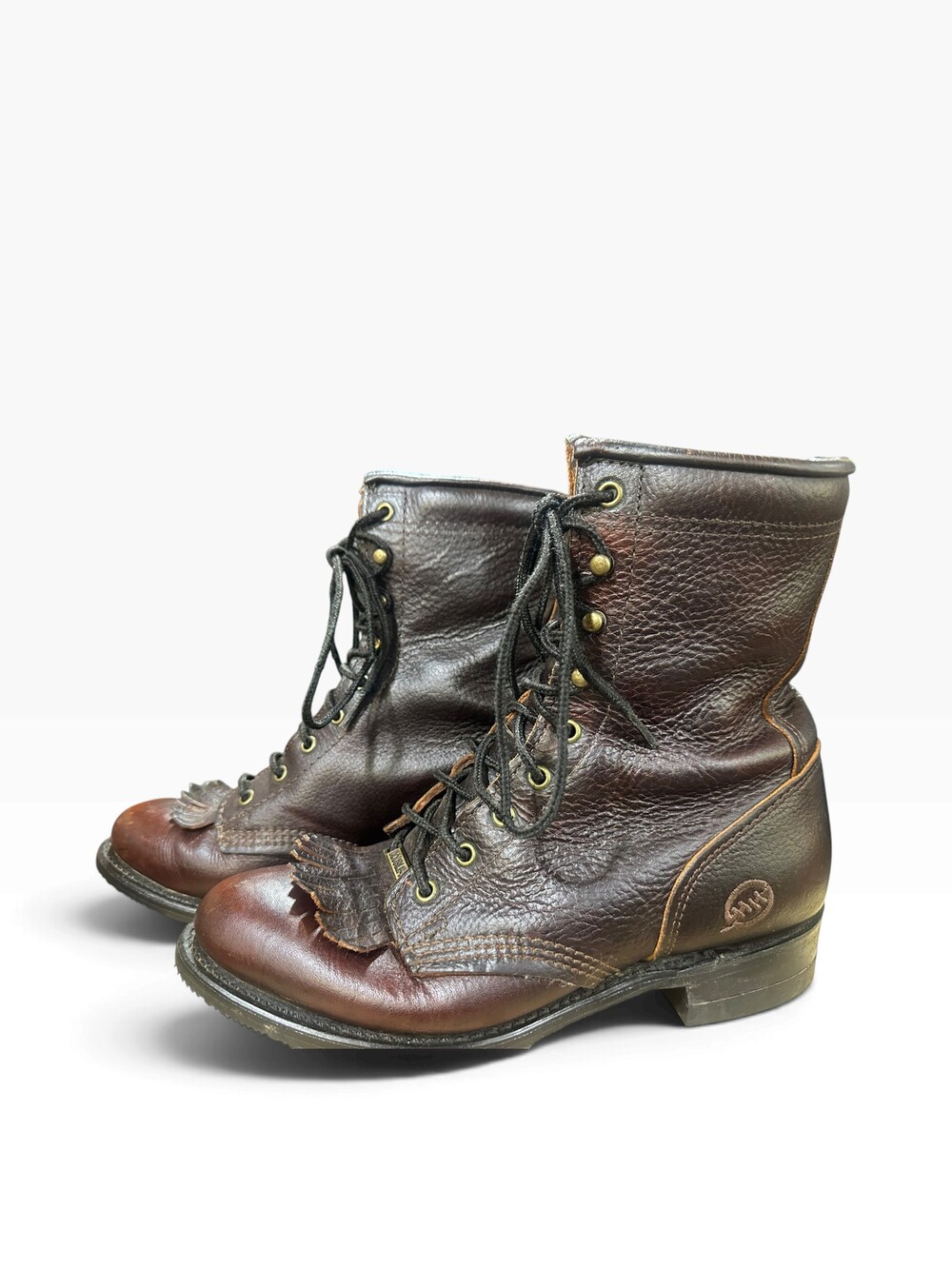 Dobbs Brown Leather Boots Size 7 1/2 Lace-Up Fringe Detail